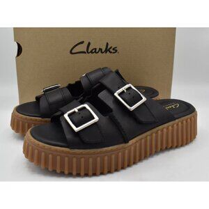 Clarks Womens Size 9.5 Torhill Black Leather Buckle Comfort Slides Sandals Shoes